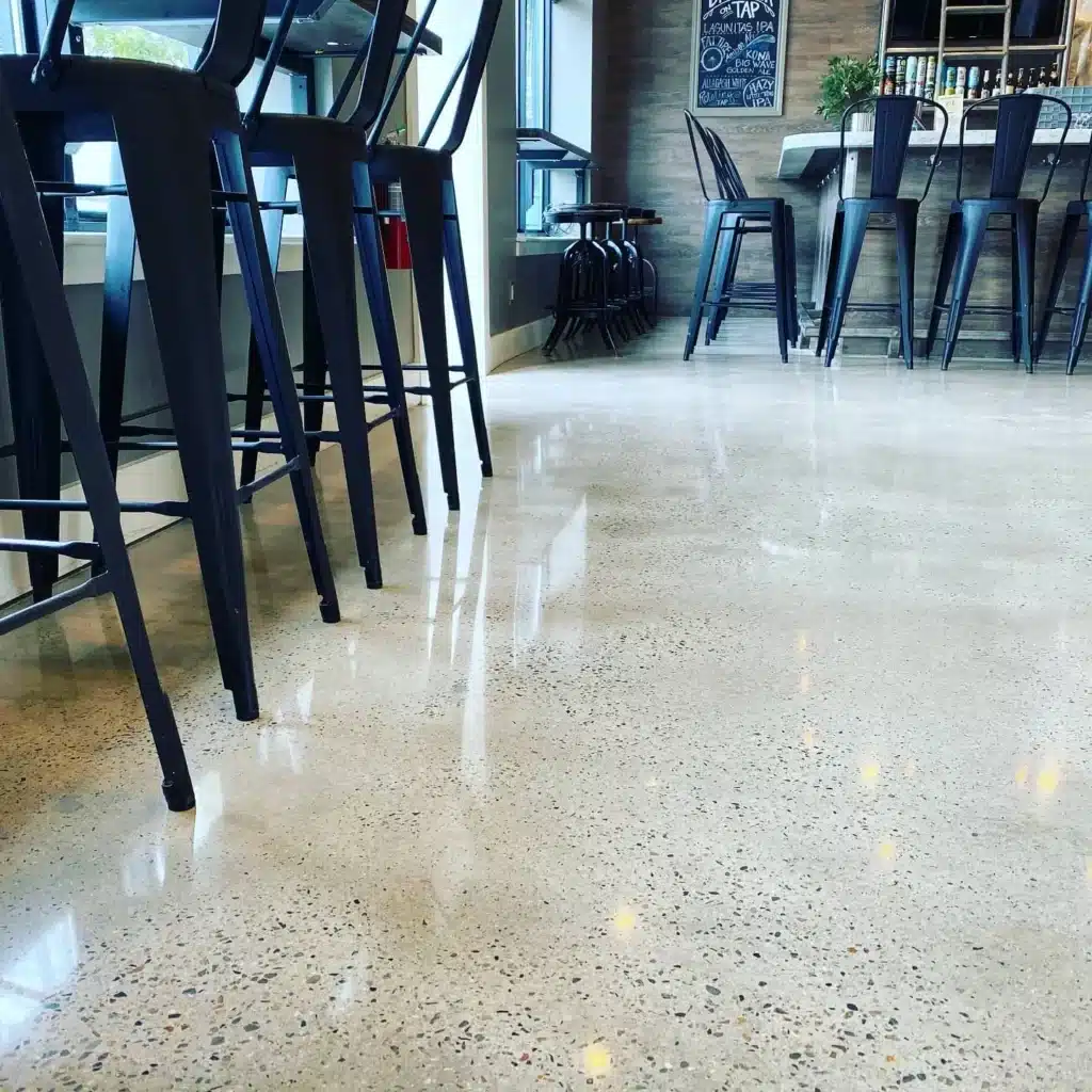 Polished concrete flooring in a restaurant in Massachusetts