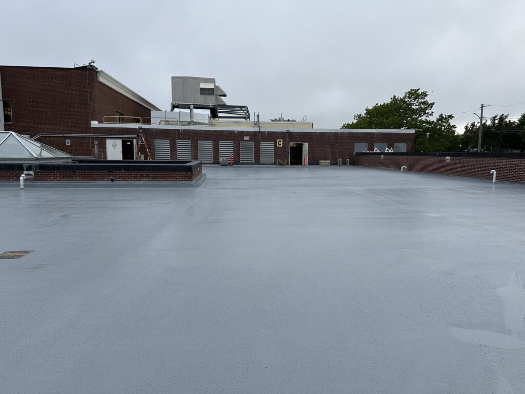 Overview of the finished gray waterproofing on the Cape Cod Hospital parking deck