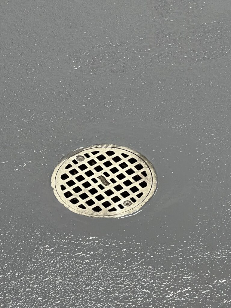 Round stainless floor drain in the finished gray floor at Commonwealth Kitchen, Dorchester, MA