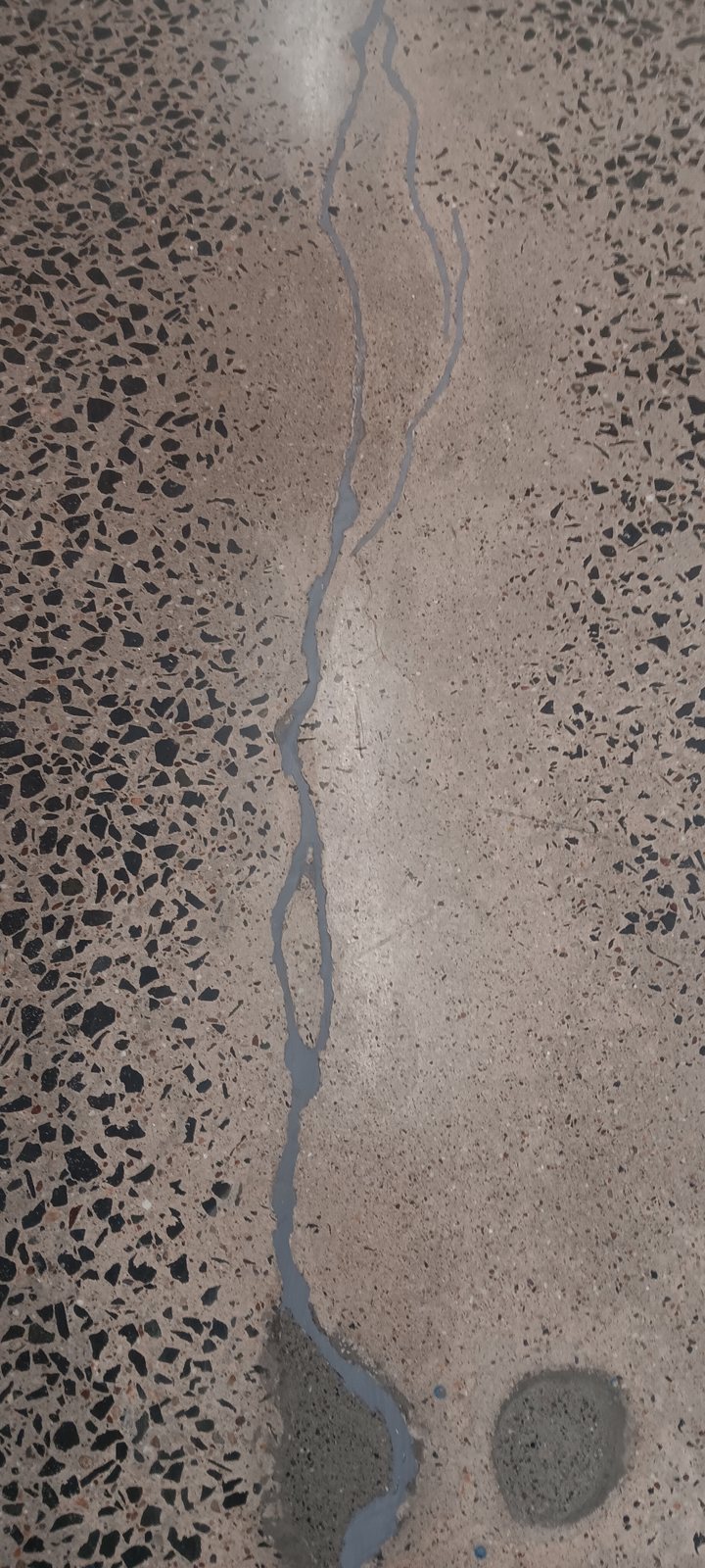 Filled crack in a polished exposed-aggregate concrete floor